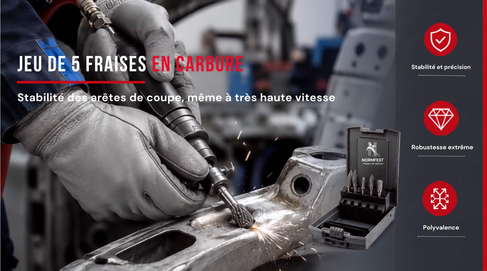 ... Dans un atelier auto, le carrossier se sert d'une fraise en carbure montée sur une meuleuse droite pneumatique tournant à très haute vitesse sur les bancs de redressage pour remplacer les morceaux de châssis accidentés.